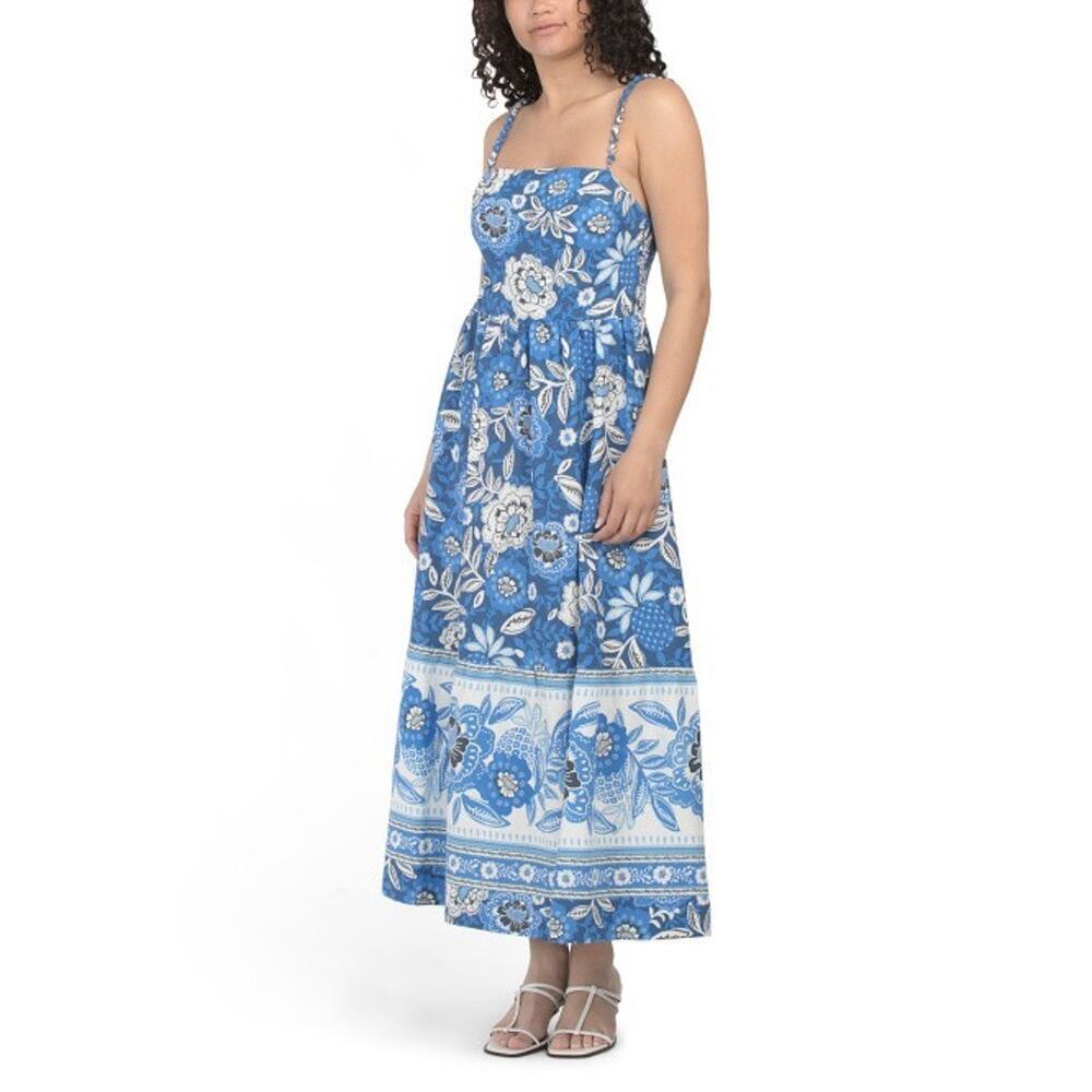 Rachel Zoe Blue Floral Print Linen Blend Midi Dress New Size Large Pockets